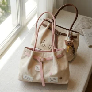 Cute Vintage Canvas Tote Bag with Teddy Charm